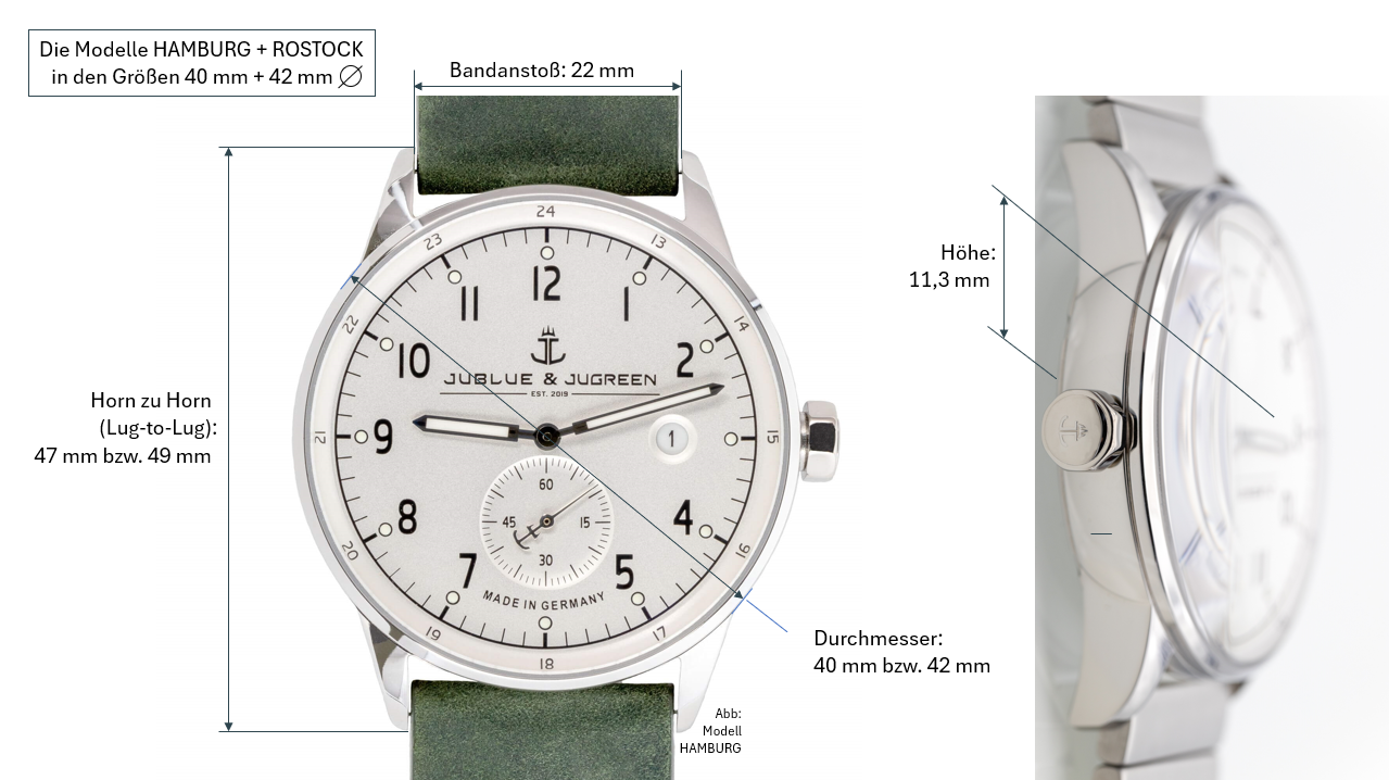 Die Abmessungen einer JUBLUE & JUGREEN - Armbanduhr