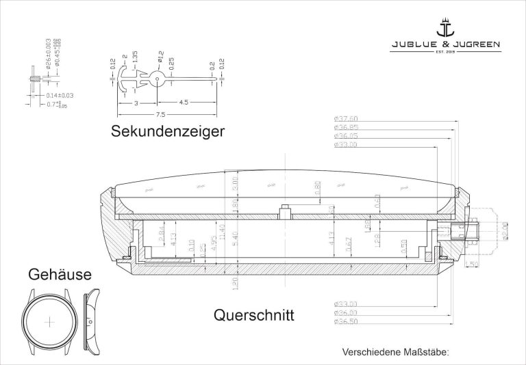 Die Konstruktionszeichnung einer JUBLUE & JUGREEN - Armbanduhr Die Konstruktionszeichnung einer JUBLUE & JUGREEN - Armbanduhr